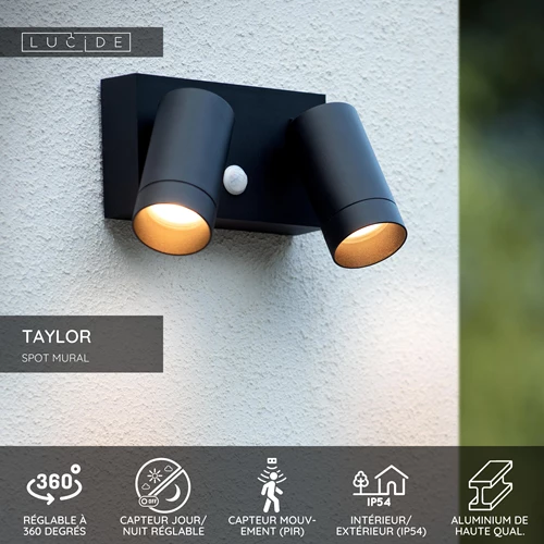 Lucide TAYLOR - Spot mural / Applique mural Intérieur/Extérieur - 2xGU10 - IP54 - Détecteur De Mouvement - Noir - USP